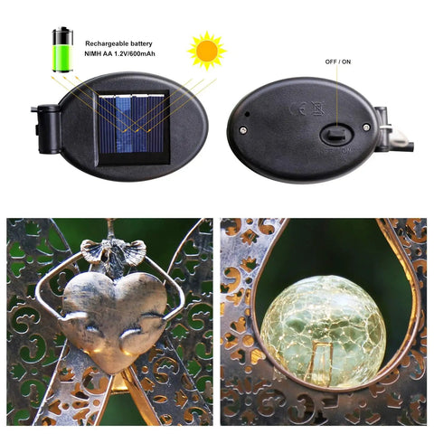 Solar Stake Lights For Garden In Metal Angel Bronze Finish, battery details, solar panel, heart and sphere close-ups, decor