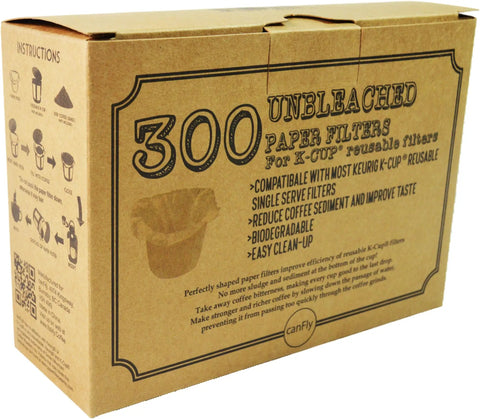 Box of 300 unbleached disposable K-Cup paper filters for Keurig single serve coffee, compatible with Ekobrew EZ-Cup, visible text.
