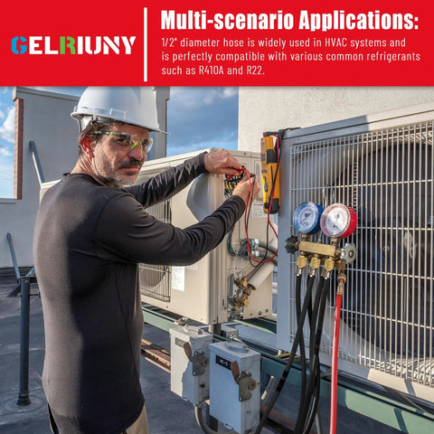 HVAC vacuum hose connected to refrigerant manifold gauges on outdoor condenser; technician wearing hard hat