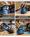 Zero Drama 5 Inch Random Orbital Sander That Delivers Heavy Hitter Power For Rapid Woodworking And Metal Polishing Tasks in use for various sanding tasks.