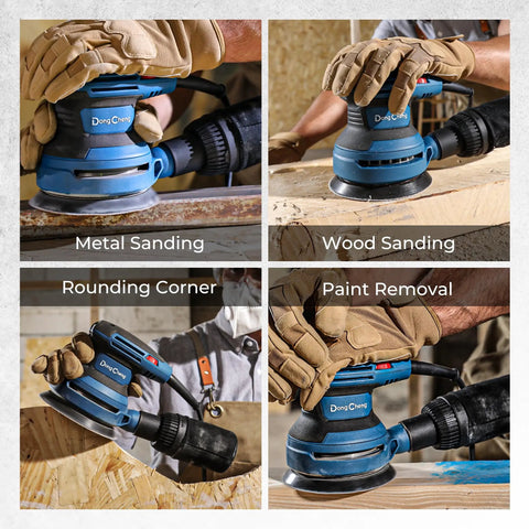 Zero Drama 5 Inch Random Orbital Sander That Delivers Heavy Hitter Power For Rapid Woodworking And Metal Polishing Tasks in use for various sanding tasks.