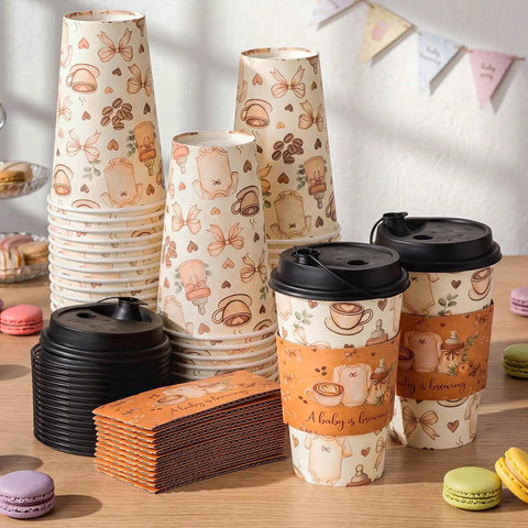 Straight Fire 50 Pack Party Bundle Includes 16 Oz Plastic Coffee Cups With Secure Black Lids And Extra Warm Insulated Sleeves crafted for baby brewing celebration, displayed with cups and lids.