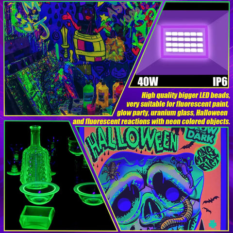 4 Pack 60W LED Black Light Flood Lights With Plug And Switch IP66 Waterproof Outdoor Stage Lighting For Dance Parties Neon Posters Body Paint Fluorescent Glow With Beast Brightness Beams Wide 120 Degree Durable Tempered Glass Lens