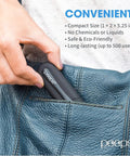 Peeps eyeglass lens cleaner in dark gray, compact size tucked into blue jeans pocket; Peeps logo visible.