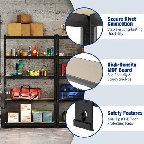 Beefy Heavy Duty Garage Storage Shelf System With 2180 Lbs Total Capacity Five Tier Adjustable Steel Shelves Tall 72 Inch Garage Rack For Basement Kitchen Pantry Black Finish displaying various items on shelves with feature highlights