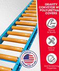 12 Inch Wide By 5 Feet Long Light Duty Gravity Conveyor Steel Frame Galvanized Rollers Polyurethane Coated For Shipping Assembly 6 Inch Center Spacing supports up to 900 lbs loads with yellow rollers.