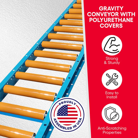 12 Inch Wide By 5 Feet Long Light Duty Gravity Conveyor Steel Frame Galvanized Rollers Polyurethane Coated For Shipping Assembly 6 Inch Center Spacing supports up to 900 lbs loads with yellow rollers.