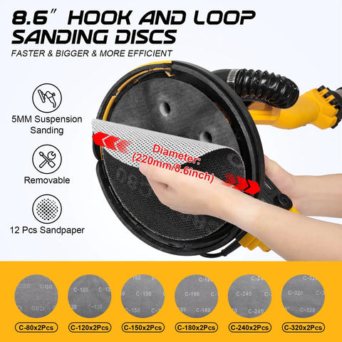 Drywall Sander For Popcorn Ceiling Removal Pro Grade 880W Power with sanding discs and hook and loop system