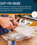 Person cutting Cut To Size Staining Pads 2 Pack with micro brush material, ideal for wood stains and oil-based finishes, streak free.