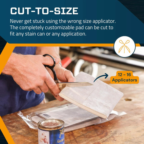 Total Game Changer Wood Stain Pads 10 Pack Precision Applicators being cut for customizable size at a workbench.