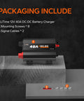 Hella Reliable 12V 40A DC To DC Lithium Battery Charger With Smart Multi Stage Charging includes charger, screws, and signal cables.