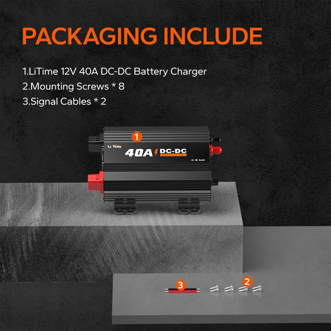 Hella Reliable 12V 40A DC To DC Lithium Battery Charger With Smart Multi Stage Charging includes charger, screws, and signal cables.