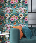 Easy Peel And Stick Floral Wallpaper Teal And Pink For Bedroom And Nursery Removable Textured Wall Cover with sofa