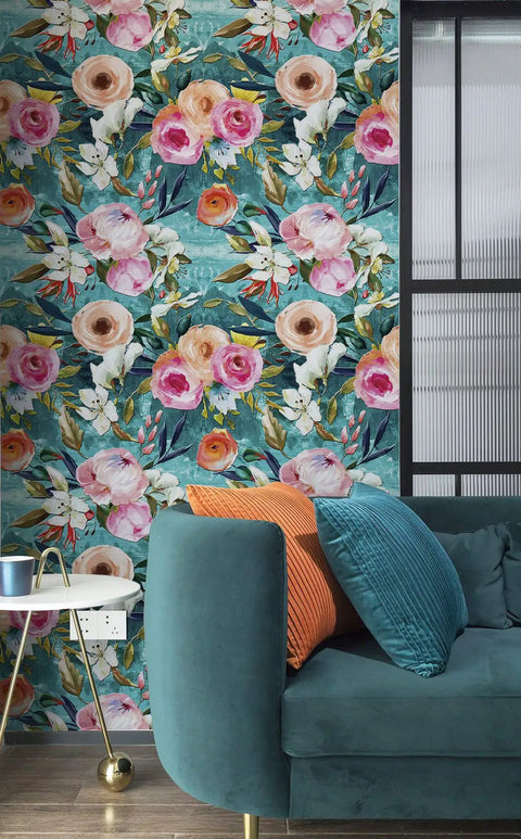 Easy Peel And Stick Floral Wallpaper Teal And Pink For Bedroom And Nursery Removable Textured Wall Cover with sofa