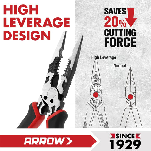 Six In One Needle Nose Pliers With Wire Stripper Crimper And Cutter Do It All Eight Inch Multi Tool High leverage design