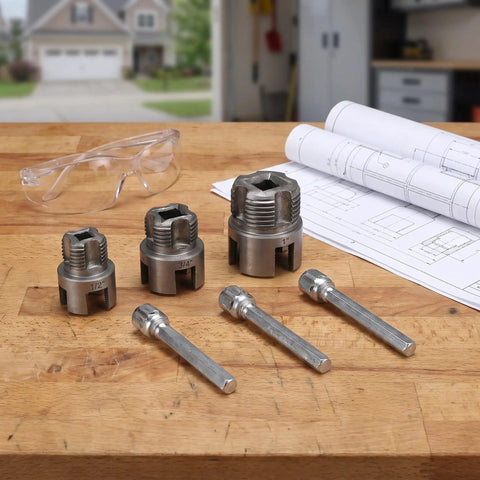 Heavy Duty Dual Function Pipe Threader Kit For Power Drill Cuts And Threads Half Through One Inch PVC Pipe With No Sweat Dead Easy Install Smooth Operation on workbench with several metal threading insert sizes.