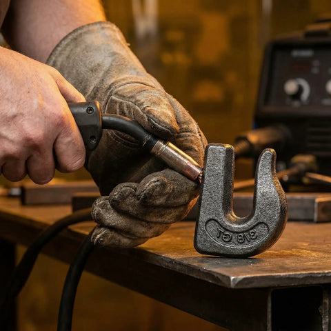 Four Pack Three Eighths Inch Weld-On Grab Chain Hooks G70 Heavy Duty Tow Lifting 6600 Lb Working Load being welded onto surface