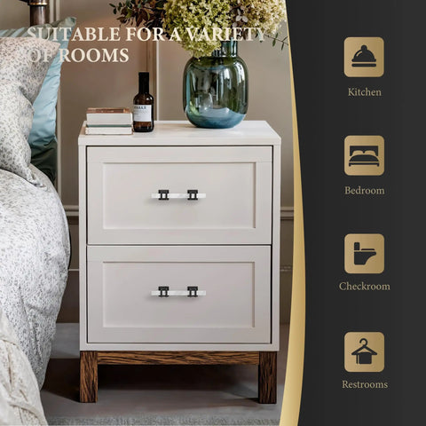 Top Shelf 10 Pack 3 Inch White Marble Cabinet Pulls With Sleek Black Zinc Alloy Bases adorning a stylish nightstand in a bedroom.