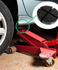 5.5 Inch Large Rubber Jack Pad Pucks Slotted For Hydraulic Floor Jacks Beveled Anti Slip Design with cross slots in use