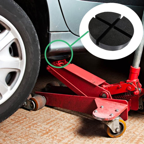 5.5 Inch Large Rubber Jack Pad Pucks Slotted For Hydraulic Floor Jacks Beveled Anti Slip Design with cross slots in use