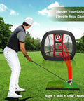 Golfer using Golf Chipping Net Set With Mat And 12 Practice Balls For Backyard And Indoor Practice Portable All In One Golf Training Kit