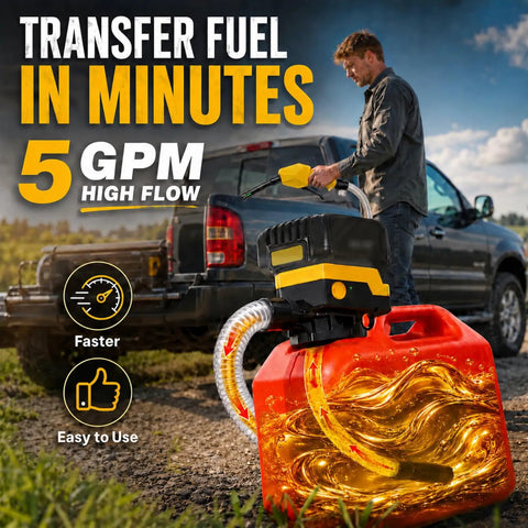 Battery Powered Fuel Transfer Pump With Auto Shut Off Trigger, Portable Gas Dispenser For Quick Refueling, Zero Drip Mechanics Make Messy Work A No Sweat Breeze Without Any Of The Spill Headaches in action by a man outdoors.