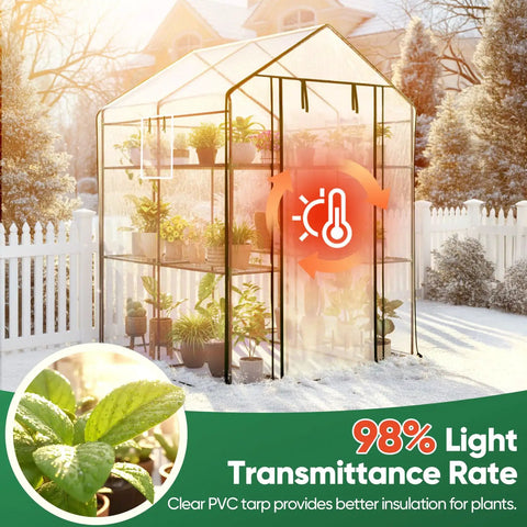 Walk In Greenhouse With Clear Plastic Cover 56x56x77 Inch Portable 3 Tier 4 Shelf Garden Kit For Winter Seed Starting And Plant Protection On Your Backyard Patio
