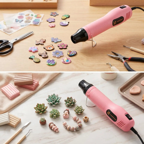 Compact Mini Heat Gun With Dual 482℉/662℉ Settings near DIY crafts with clay and stickers on a table