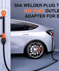 Heavy Duty 50 Amp EV Charger Adapter Cord From 6-50P Welder Outlet To 6-50R 250V Copper Wire 10 Gauge 50M/50F Home Garage Charge Cable For EVs And Local Home Charging connected to electric vehicle in garage