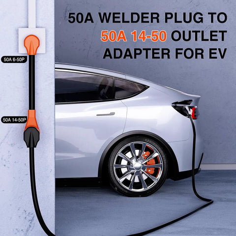 Heavy Duty 50 Amp EV Charger Adapter Cord From 6-50P Welder Outlet To 6-50R 250V Copper Wire 10 Gauge 50M/50F Home Garage Charge Cable For EVs And Local Home Charging connected to electric vehicle in garage