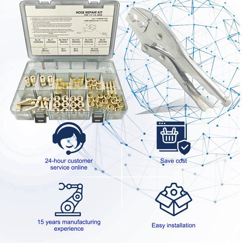 58-piece hose repair kit for 1/4 in ID hoses with brass fittings and crimping tool in a plastic case (Amazon)