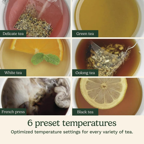 Six cups of tea illustrating 6 preset temperatures for PerfecTemp 1.7 Liter Electric Kettle Cordless With 1500W Fast Heat Up.