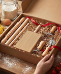 All In One 7 Piece Wood Pasta Making Set With Gnocchi Board Ravioli Stamp Makers Rolling Pin And Tools For Beginners And Home Cooks Italian Style Pasta Kit For Gnocchi Garganelli And Ravioli Lovers Gift displayed in an open box