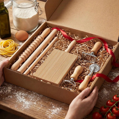 All In One 7 Piece Wood Pasta Making Set With Gnocchi Board Ravioli Stamp Makers Rolling Pin And Tools For Beginners And Home Cooks Italian Style Pasta Kit For Gnocchi Garganelli And Ravioli Lovers Gift displayed in an open box