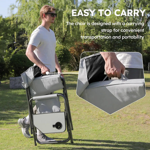 Man carrying folded Oversized Directors Camping Chair Set Of 2 Built To Haul 600 Lbs Capacity Heavy Duty Folding Outdoor Chairs with strap