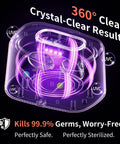 Diagram of Powerful 20 Oz Ultrasonic Cleaner with 47kHz frequency, UV light, showing 360-degree cleaning capability for eyeglasses and more.