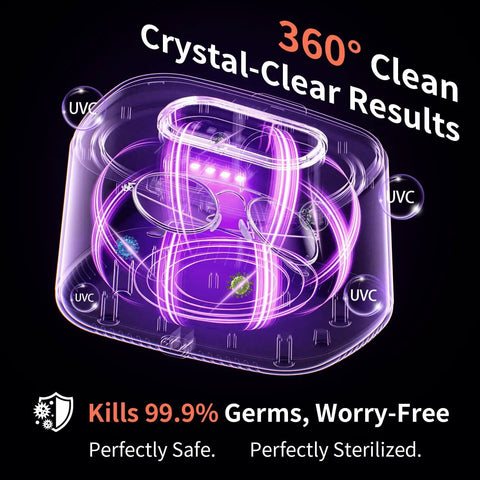 Diagram of Powerful 20 Oz Ultrasonic Cleaner with 47kHz frequency, UV light, showing 360-degree cleaning capability for eyeglasses and more.