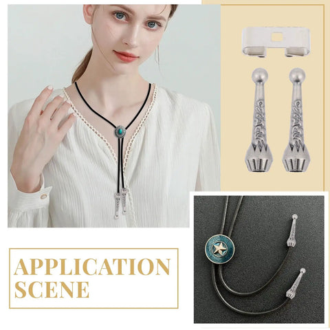 Antique Silver Bolo Tie Findings Kit With 24 Two Color Cord Ends And 12 Two Color Slide Clasps For Handmade Jewelry Making Craft Decor Projects Dope For DIY Enthusiasts, Crafters, And Jewelry Makers On A Budget displayed with model wearing bolo tie and close-up of components