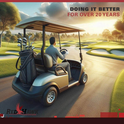 Person driving a golf cart on a scenic golf course with clubs in the back.