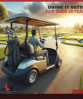 Man driving a golf cart on a scenic golf course with clubs in the back, highlighting Red Hawk's 20 years of service.