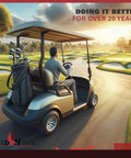 Golf cart with golf bag on a scenic golf course, branded with Red Hawk, text reads 'Doing It Better For Over 20 Years'.