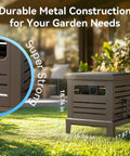 Heavy Duty Hose Reel With Never Leak System Metal Deck Box in garden setting, dimensions 18.4x15.94x17.87 inches, durable design.