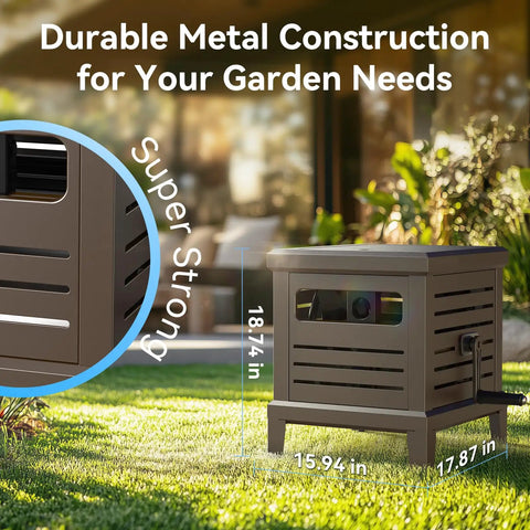Heavy Duty Hose Reel With Never Leak System Metal Deck Box in garden setting, dimensions 18.4x15.94x17.87 inches, durable design.