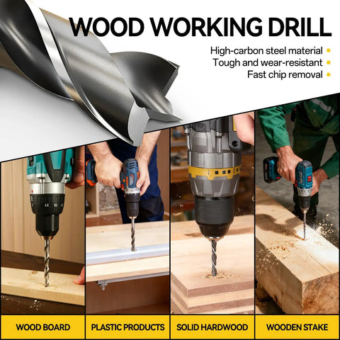 Beefy 16-Piece Drill Bit Set For Metal, Wood, Plastic, And Drywall being used on wood, plastic, and hardwood with various drills.