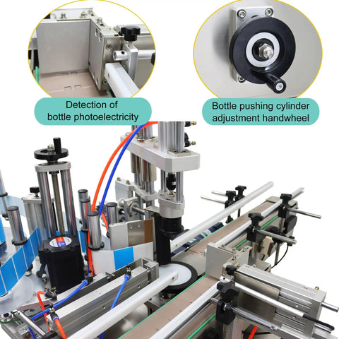 No Sweat Automatic Desktop Labeling Machine With Conveyor Belt showing bottle detection and adjustment features.