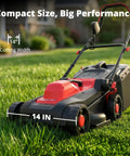 14-Inch Corded Electric Lawn Mower 2-In-1 With 12.5 Amp Motor, Gas-Free Power, Easy Push Start, Includes 10 Gallon Grass Collection Bag For Clean, Efficient Yard Work. 14-inch mower on grass, side view with 10-gallon bag