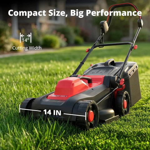 14-Inch Corded Electric Lawn Mower 2-In-1 With 12.5 Amp Motor, Gas-Free Power, Easy Push Start, Includes 10 Gallon Grass Collection Bag For Clean, Efficient Yard Work. 14-inch mower on grass, side view with 10-gallon bag