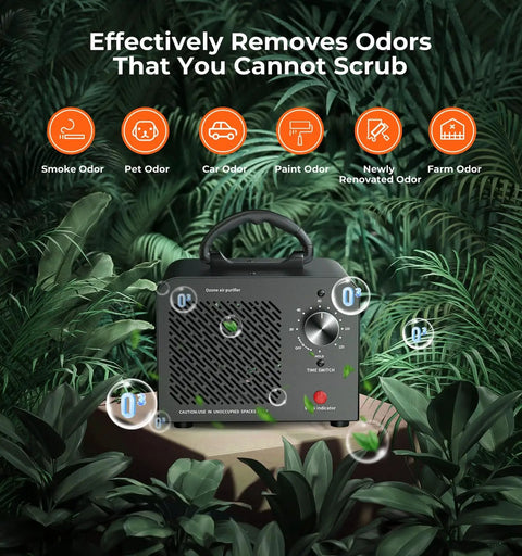Beast High Capacity Ozone Machine Odor Remover for Home Car Office and Industrial Use, 48000mg O3 Ionizer Air Purifier, black unit in greenery.