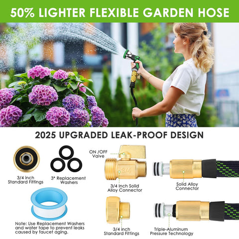 FlexiSolve garden hose with green spray nozzle and brass fittings watering purple hydrangeas