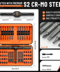 66 In 1 Magnetic Ratchet Screwdriver Set With S2 Steel Bits, Pro Grade Tool Kit Featuring dimensions and bit materials